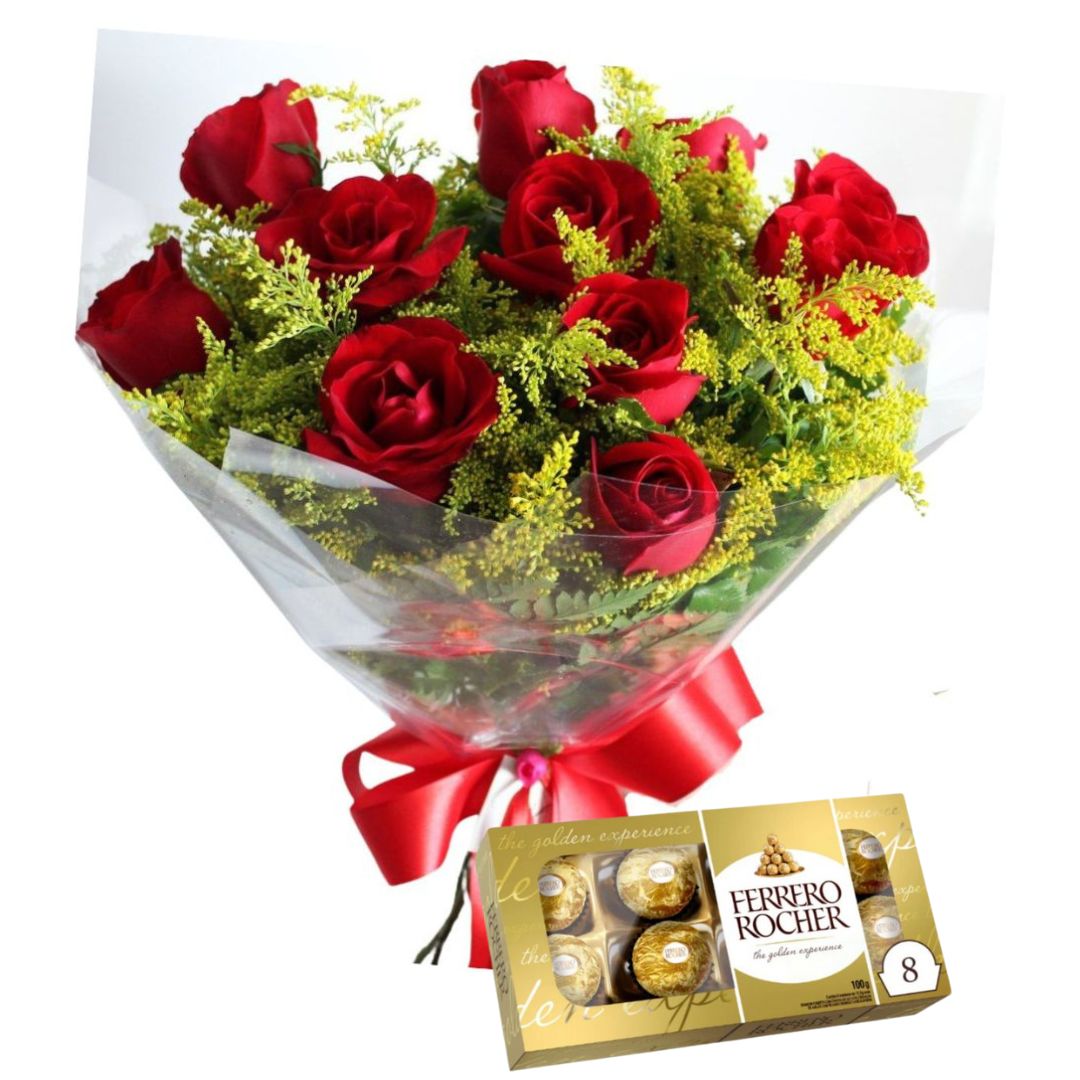 Buquê 12 rosas com Ferrero Rocher