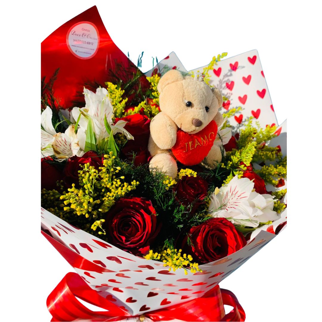 Buque Luxo 12 Rosas e Ursinho