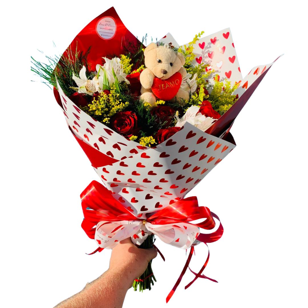 Buque Luxo 12 Rosas e Ursinho