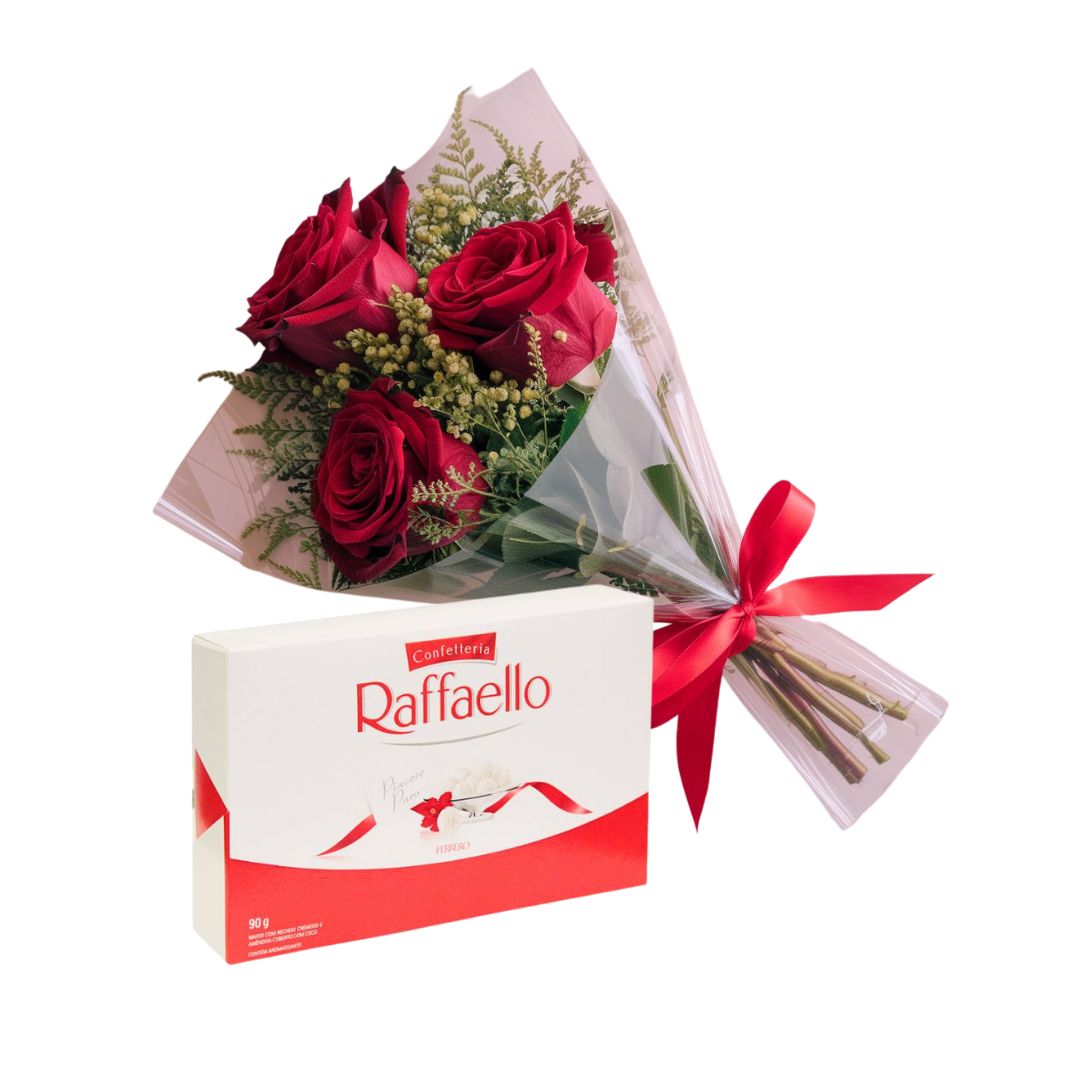Buquê de 3 Rosas e Raffaello