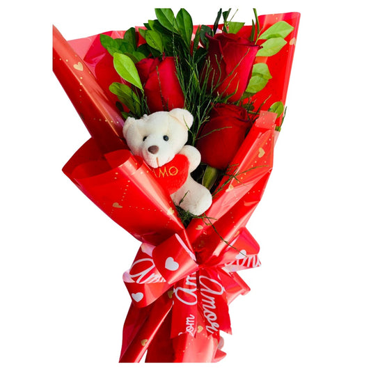 Buque Luxo 3 rosas com ursinho