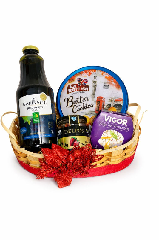 Cesta Gourmet Natalina – Queijos, Cookies e Suco de Uva Integral